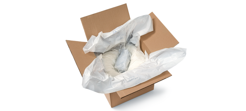 A cardboard box containing a product and foam packaging