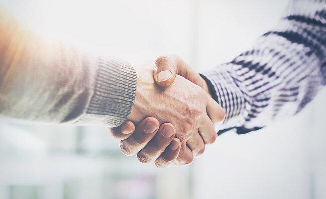 Two arms engaged in a handshake 