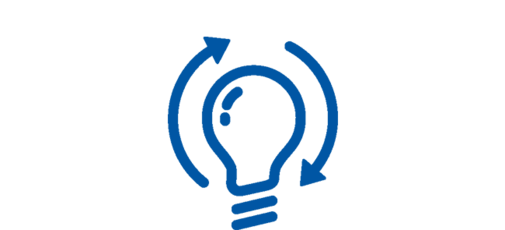 A blue symbol comprising a light bulb and two arrows that indicate a circle